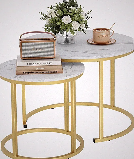 Runde Beistelltische Set, Sofatische aus Holz und Metall, Weiß+Gold