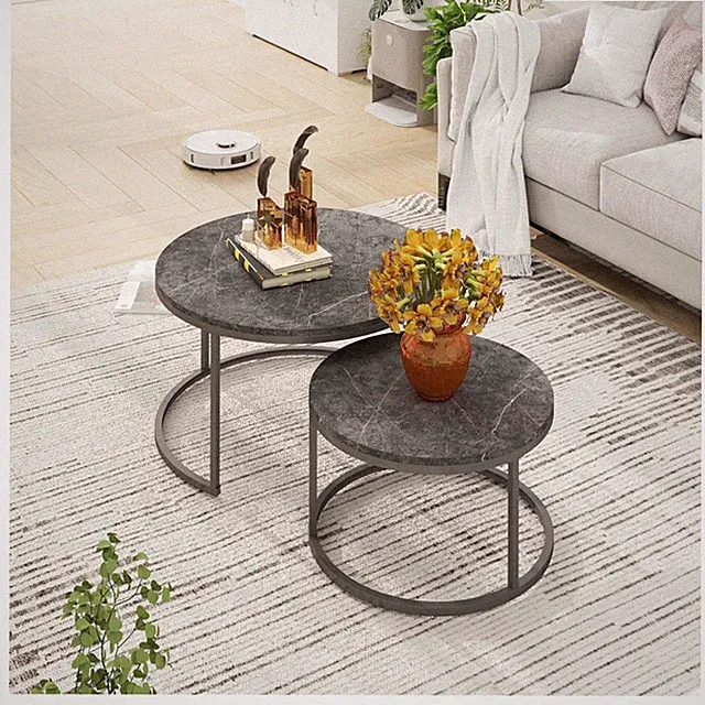 Runder Couchtisch 2er Set Marmor Optik Metallgestell Wohnzimmer Schlafzimmer