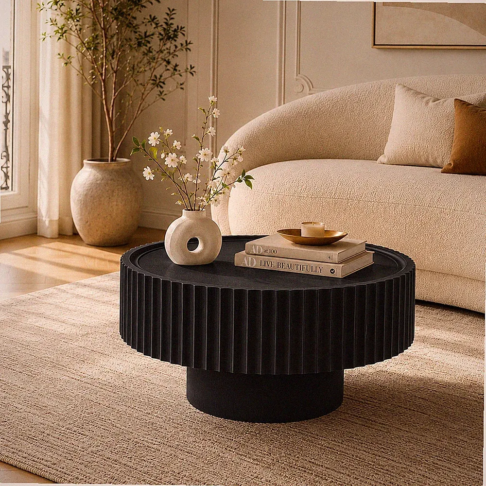 Runder Couchtisch 70 cm, moderner Trommel-Couchtisch mit geriffelter Holzoptik