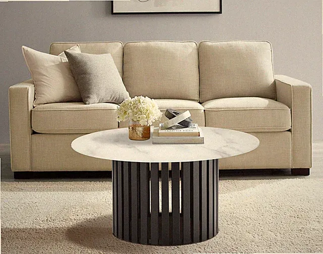 Runder Couchtisch 80 cm Marmor Weiß | Kristallglas 8mm | Metallfuß Schwarz