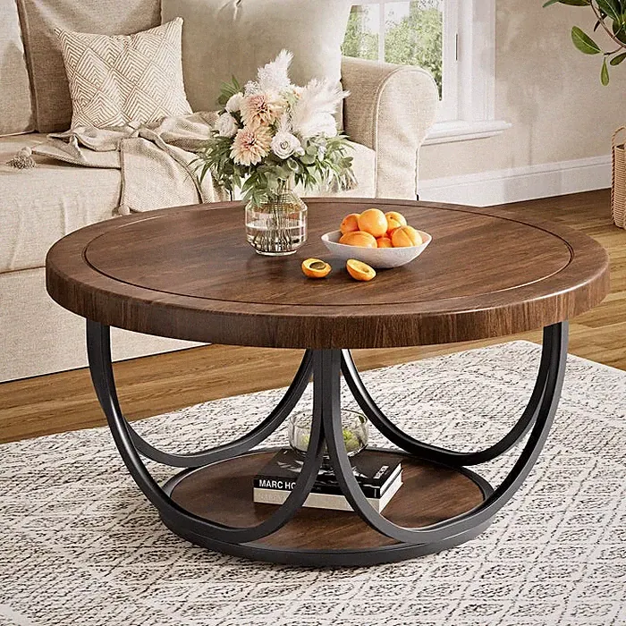 Runder Couchtisch 80 cm mit Ablage, 2-stufiger Wohnzimmertisch Industrial Stil