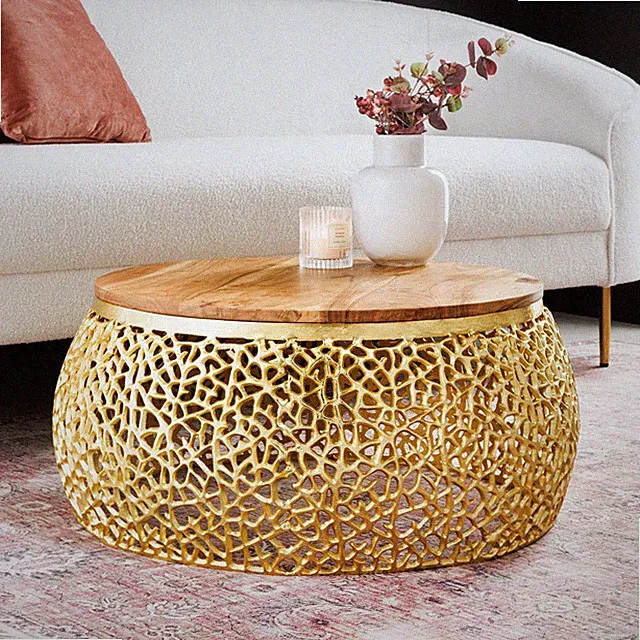 Runder Couchtisch ABSTRACT LEAF 75cm gold Metall Akazienholz filigran Handmade