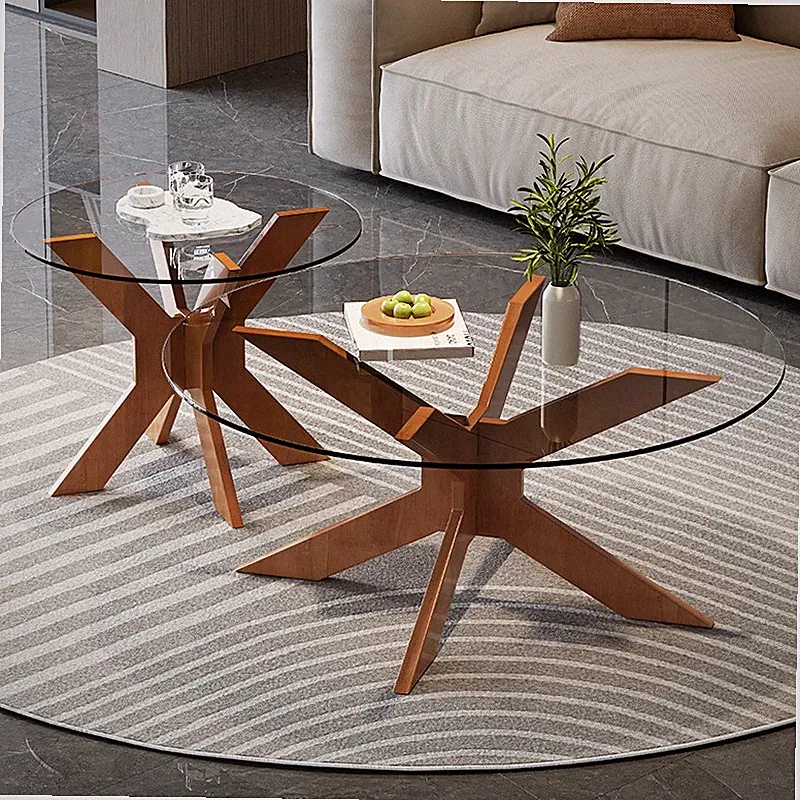 Runder Couchtisch aus Glas mit Gekreutzem Holzsockel, Moderne Beistelltische