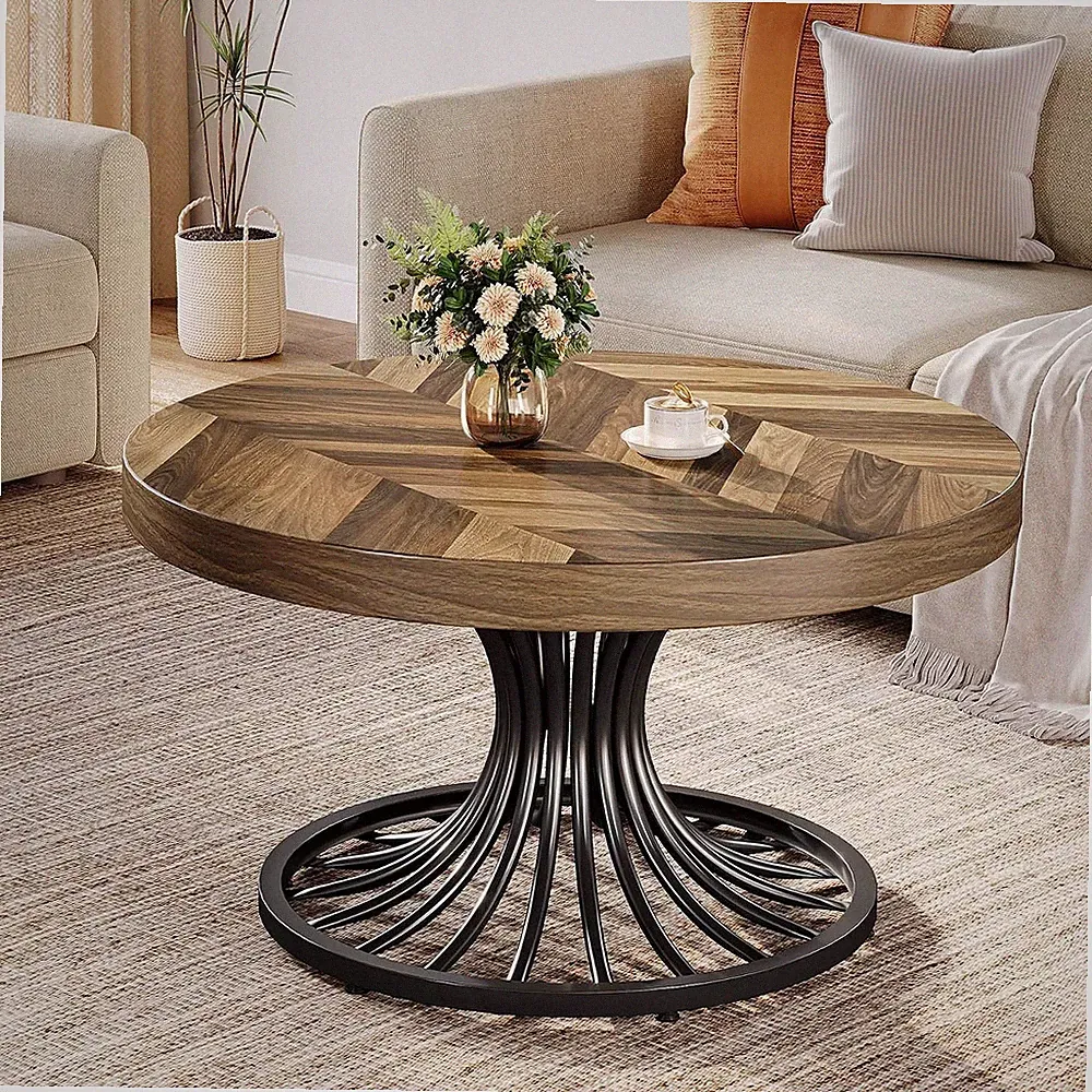 Runder Couchtisch aus Holz, 80cm Kaffeetische im Farmhouse-Stil mit Metallsockel