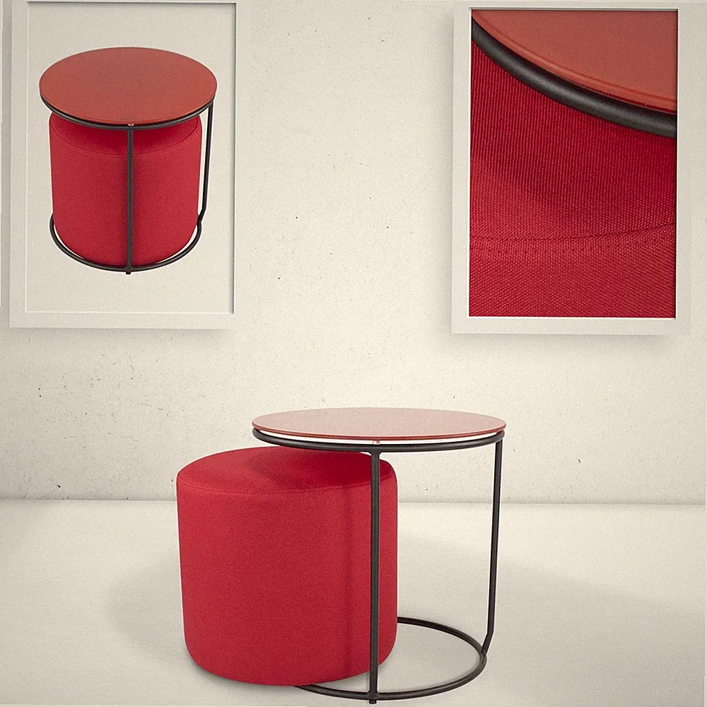 Runder Couchtisch Beistelltisch mit Hocker JASPER 40x40 cm Schwarz-Rot N6