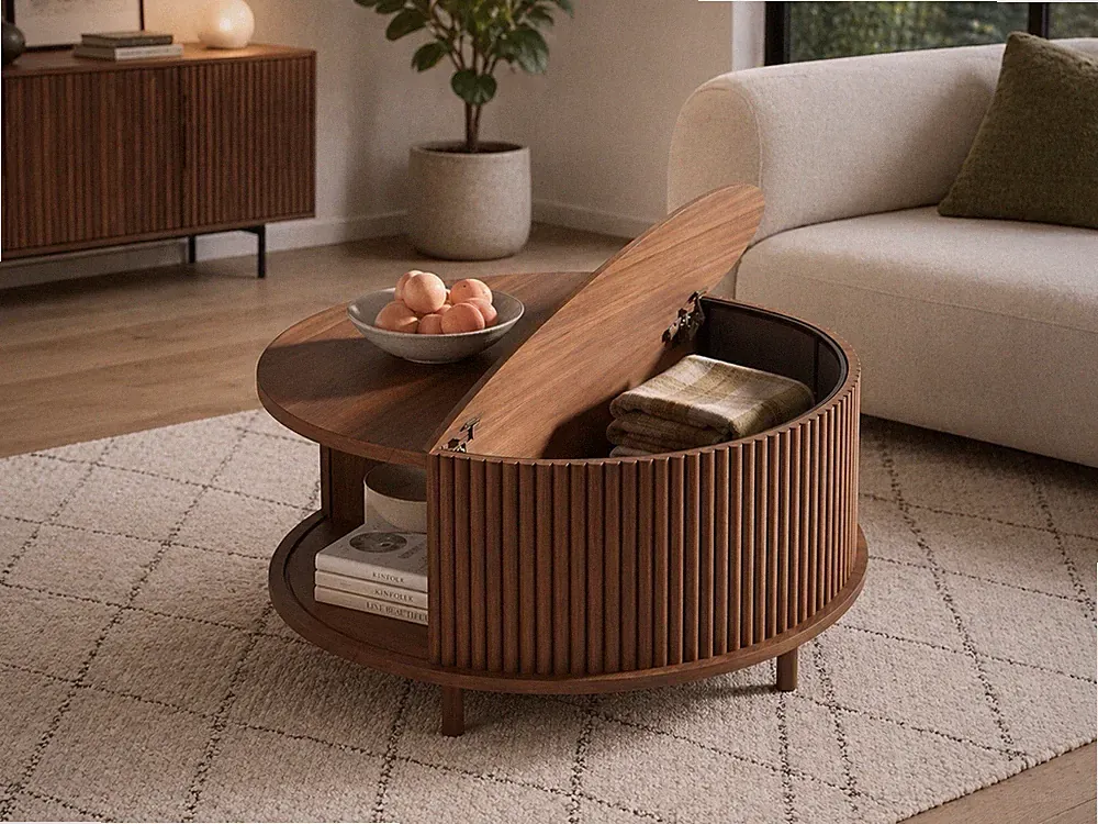 Runder Couchtisch Holz Walnuss Braun Mit Stauraum