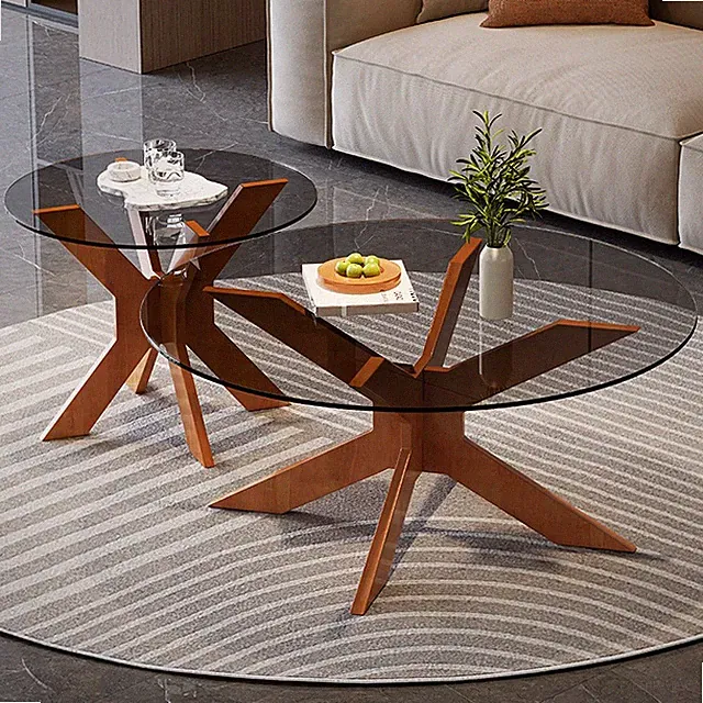 Runder Couchtisch mit Gekreutzem Holzsockel, Glastisch mit gehärtetem Glas&Holz