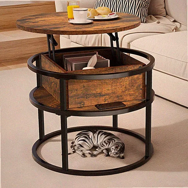 Runder Couchtisch mit Hubplatte, verstecktes Ablagefach 60x60x47cm