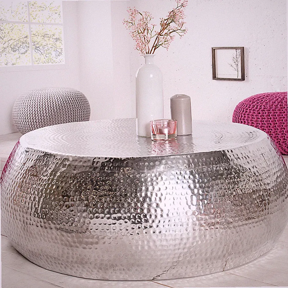 Runder Couchtisch ORIENT 80cm silber Metall Aluminium Hammerschlag handmade