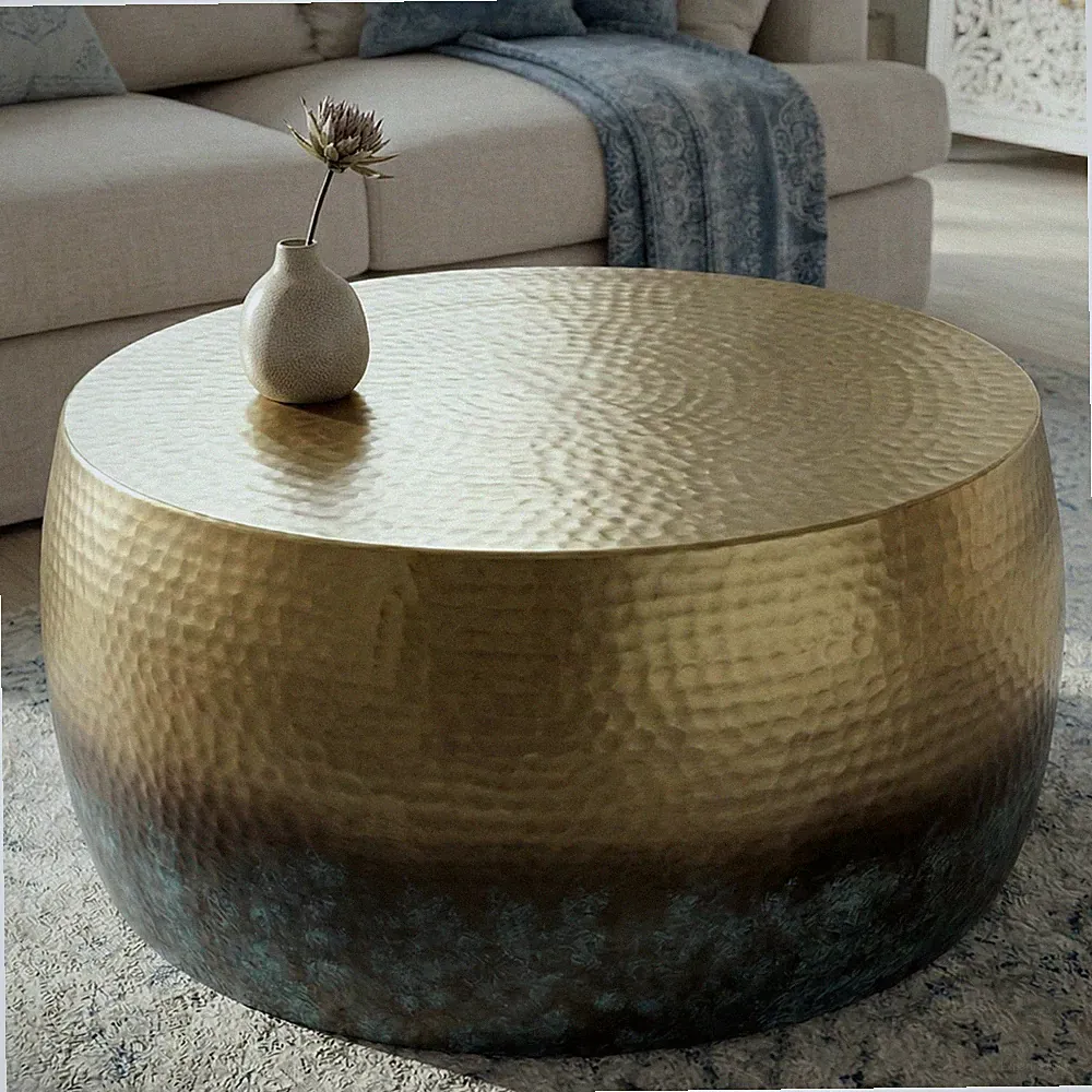 Runder Couchtisch ORIENT III 60cm gold Metall mit Patina Hammerschlag Design