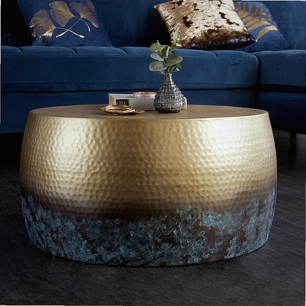 Runder Couchtisch ORIENT III 60cm gold Metall mit Patina Hammerschlag Design