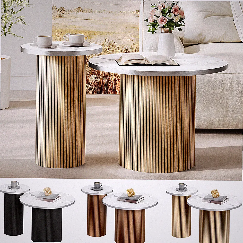 Runder Couchtisch Set m. 2 Wohnzimmertisch Marmor Muster Beistelltisch Sofatisch