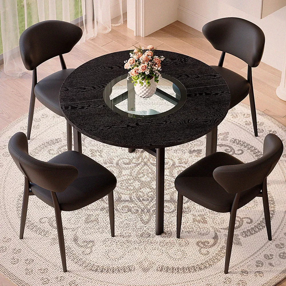 Runder Esstisch 100 cm mit 4 Stühlen, Schwarz, MDF & Glas