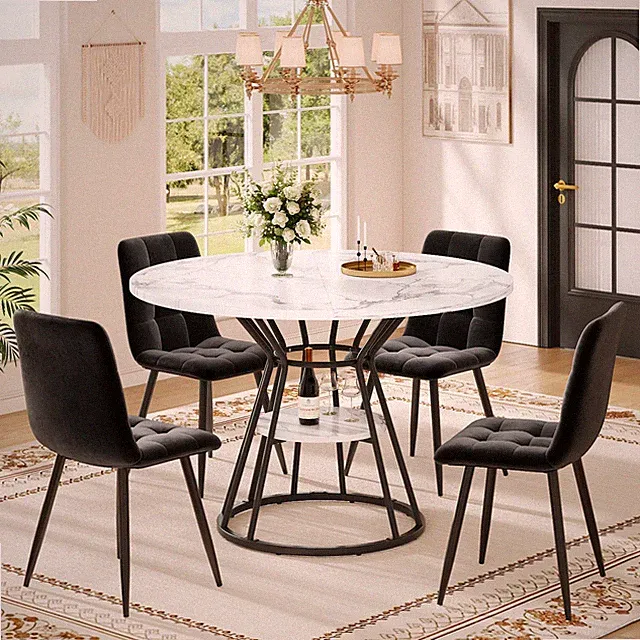 Runder Esstisch 100cm Küchentisch Esszimmertisch Marmormuster Schwarz Metallbein