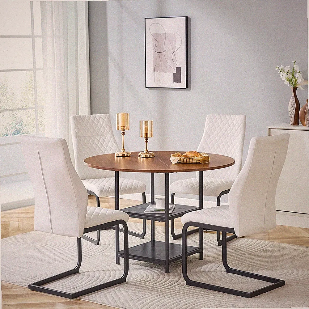 Runder Esstisch 107 cm + 4 Stühle, Nussbaum & Weiß, Industriestil