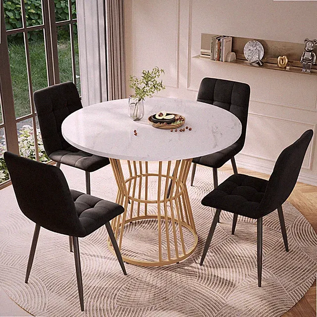 Runder Esstisch für 4-6 Personen, 100cm Marmor Esszimmertisch mit Gold Metallfuß