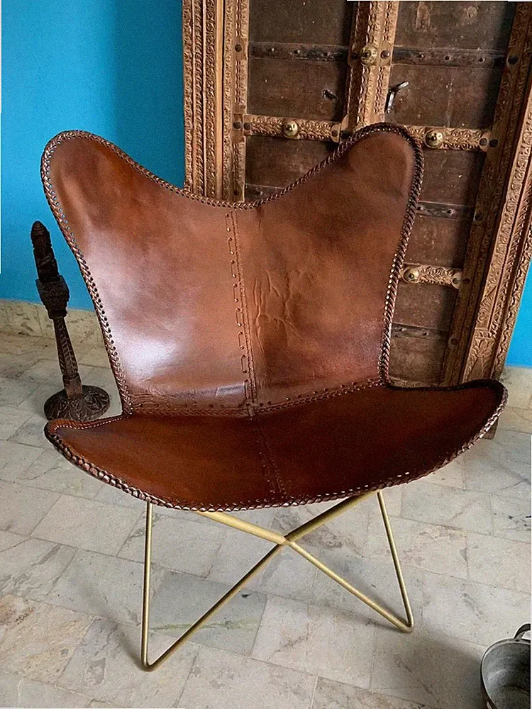 Rustikal Retro Metall Industriell Sitz Vintage Brown Aged Leder Butterfly Stuhl