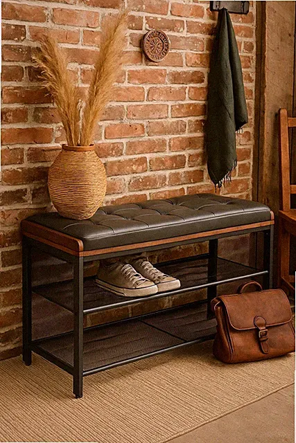 Rustikale Schuhbank mit Polster – Flurbank aus Metall & Holz im Vintage-Stil