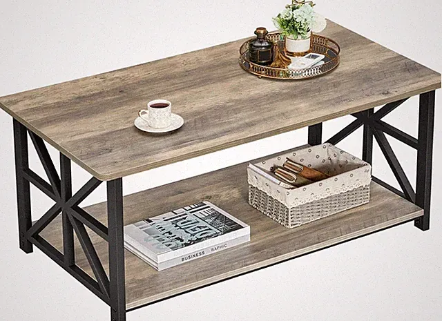 Rustikaler Couchtisch mit Regal, Stabiler Sofatisch aus Holz und Metall, Wohn...