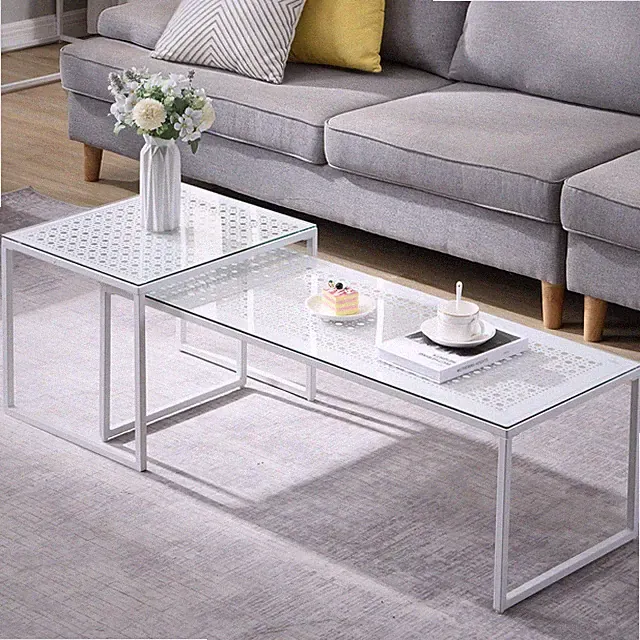 Satztisch FineBuy 2er Set Glasplatte Metallgestell Couchtisch Sofatisch Weiß