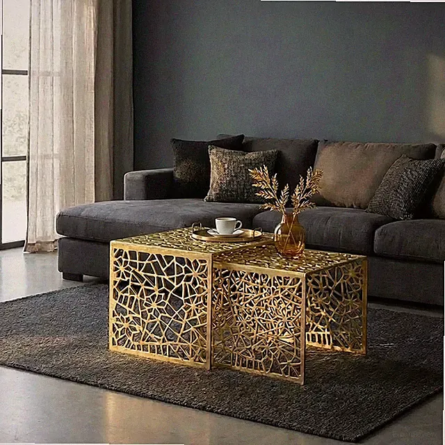 Satztisch Gold 2er Set Couchtisch Aluminium Beistelltisch Wohnzimmertisch Alu