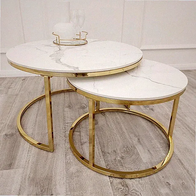 Satztische Gold Couchtische mit weißer Marmor Sinterplatte rund gold/weiß
