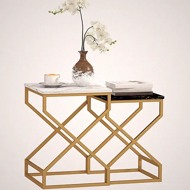 Satztische schwarz weiß gold MDF Stahl 40x40x55cm & 35x35x50cm Marmorplatte2 Stück