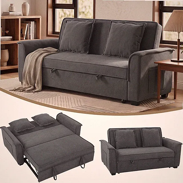 Schlafsofa 135 x 181cm 2-Sitzer Sofa mit Schlaffunktion, Wurfkissen, Dunkelgrau