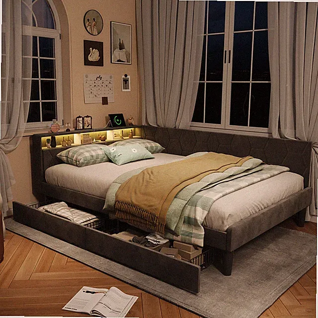 Schlafsofa 140x200cm mit LED USB,Polsterbett Bettgestell mit Lattenrost Stauraum