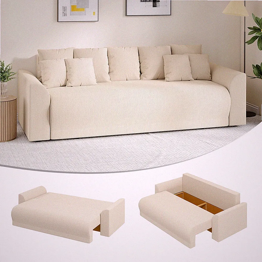 Schlafsofa 190x150cm 3-Sitzer Sofa mit Schlaffunktion, Stauraum, Kissen, Beige