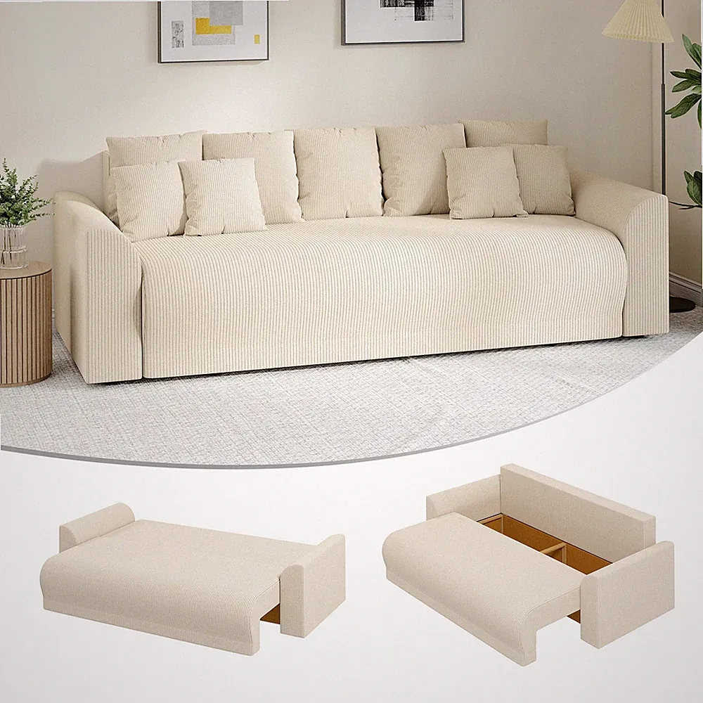Schlafsofa 190x150cm 3-Sitzer Sofa mit Schlaffunktion, Stauraum, Kissen, Beige