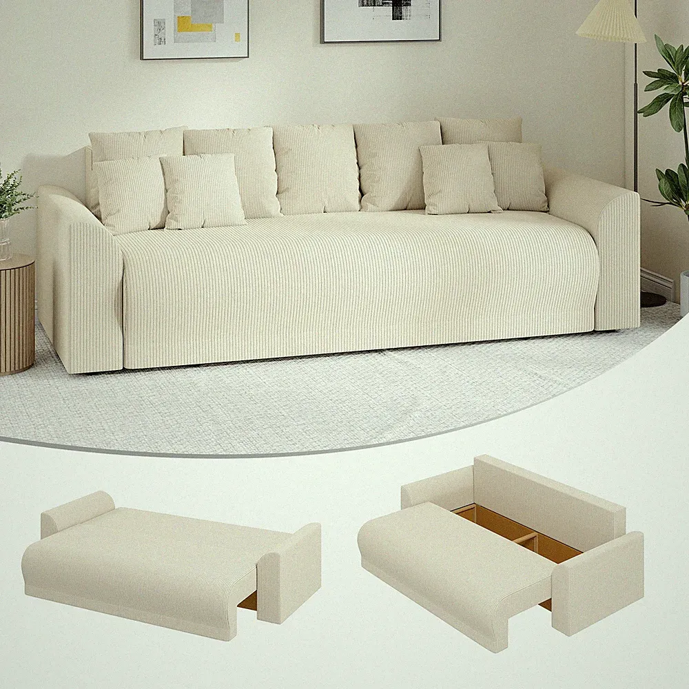 Schlafsofa 190x150cm 3-Sitzer Sofa mit Schlaffunktion, Stauraum, Kissen, Beige