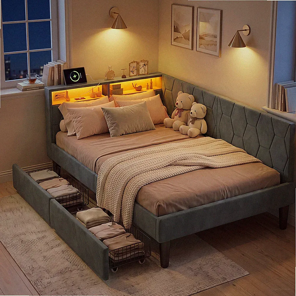 Schlafsofa 90x200 cm mit LED USB,Polsterbett Bettgestell mit Lattenrost Stauraum