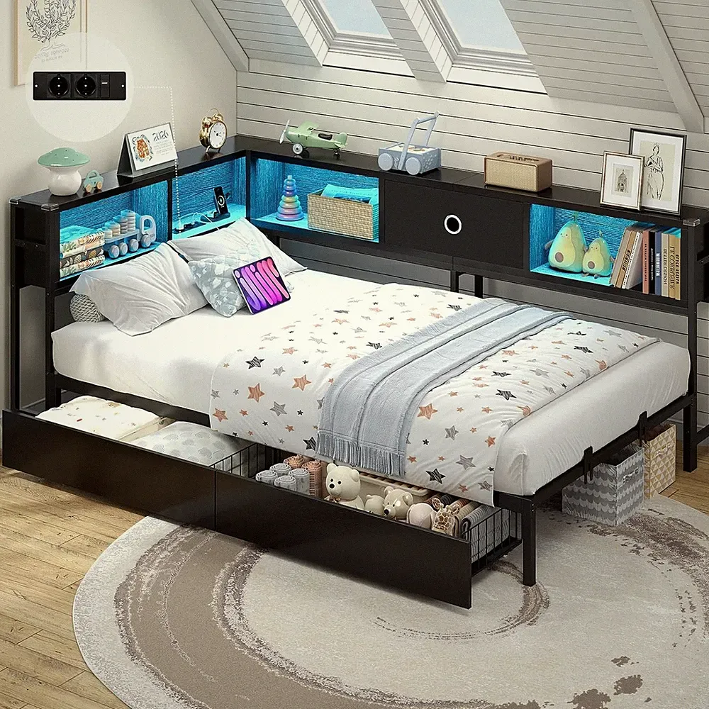 Schlafsofa 90x200 Eckbett mit Stauraum, LED, Ladestation