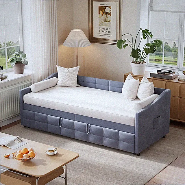 Schlafsofa 90x200cm mit Ausziehbarem Bett Schlafcouch Ausziehbar Einzelbett Grau