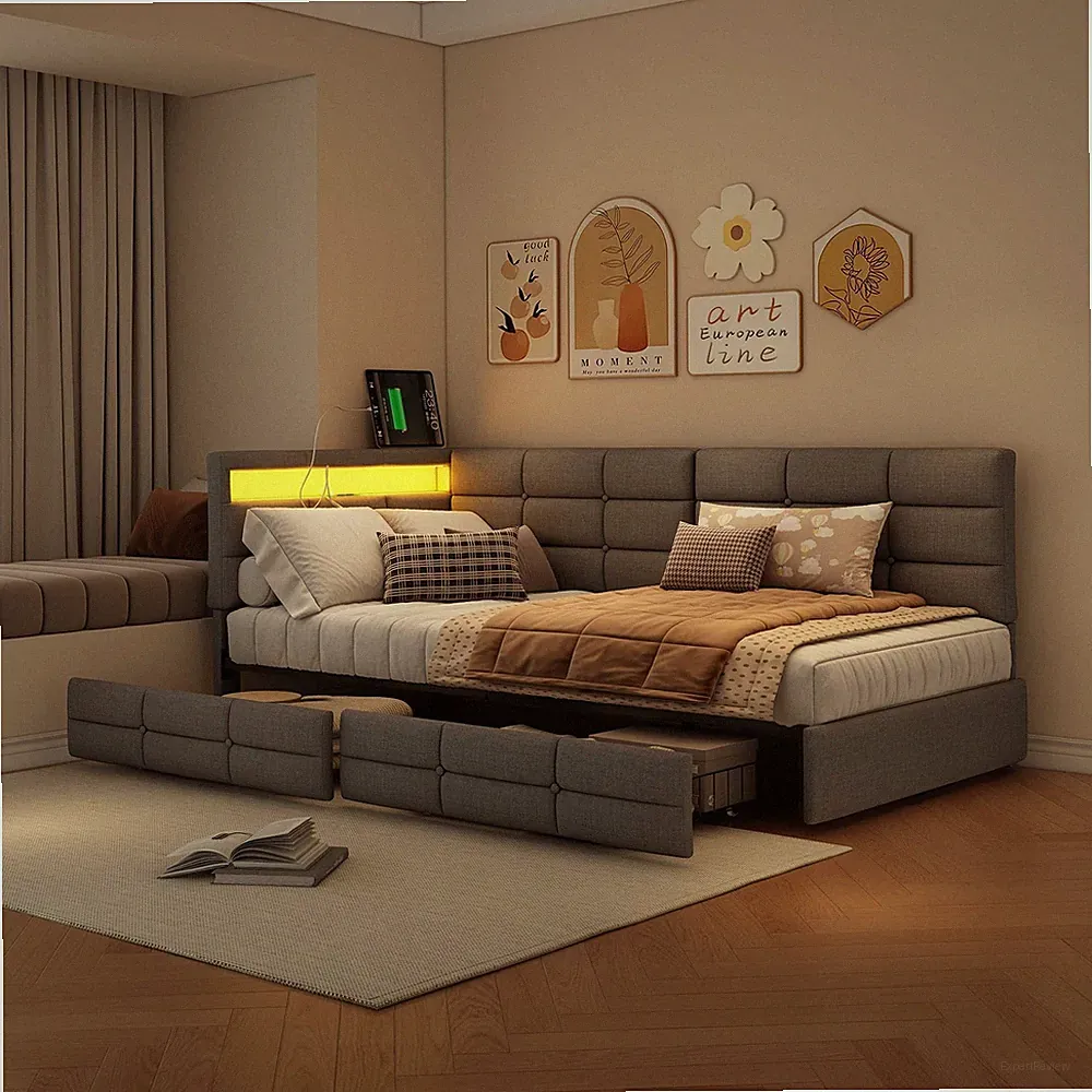 Schlafsofa Polsterbett 90x200cm mit LED, USB,Bettgestell mit Lattenrost Stauraum