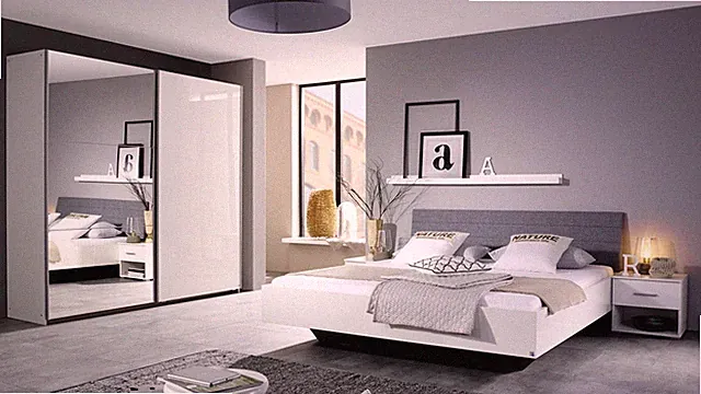 Schlafzimmer Bett 180x200 Halle 4-tlg. weiß Hochglanz Nachtschrank Doppelbett