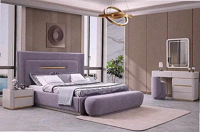 Schlafzimmer Bett Sitzbank Nachttische Schminktisch Pouf Spiegel Violett 7tlg