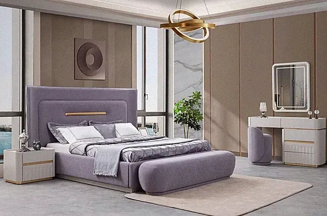 Schlafzimmer Bett Sitzbank Nachttische Schminktisch Pouf Spiegel Violett 7tlg