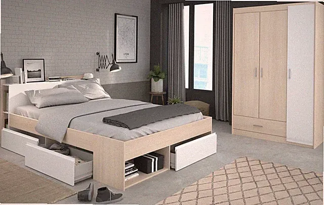 Schlafzimmer komplett Akazie und weiß Komplettzimmer Stauraumbett Parisot Most71