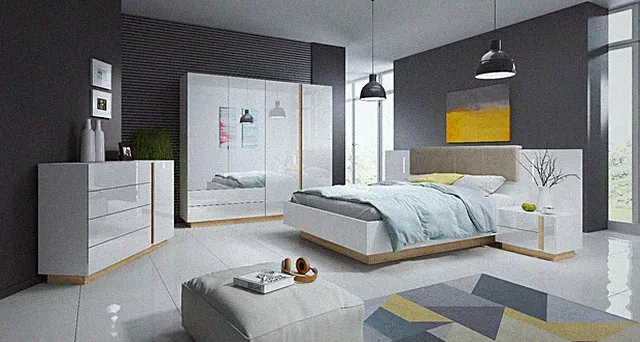 Schlafzimmer Komplett Arden Schrank Bett 160x200 Kommode Weiß Hochglanz Holz 13