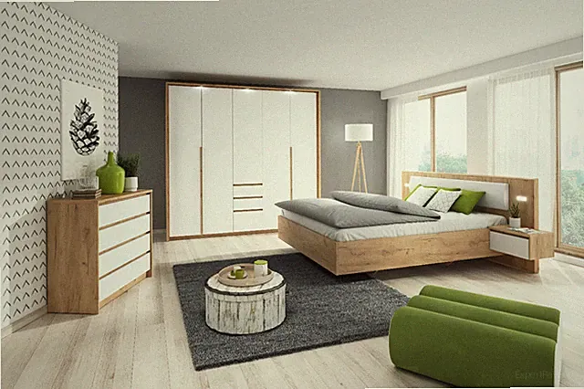 Schlafzimmer Komplett Dior Schrank Bett 160x200 Kommode Weiß Gold Craft Eiche 13