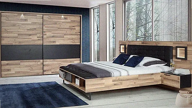 Schlafzimmer komplett mit Beleuchtung Jakobina 4-teilig Stabeiche Schwarz Eiche