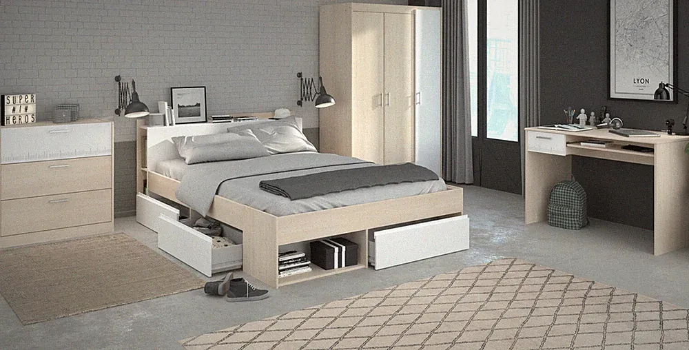 Schlafzimmer komplett Set Bett 140 cm Kleiderschrank Kommode Schreibtisch Most