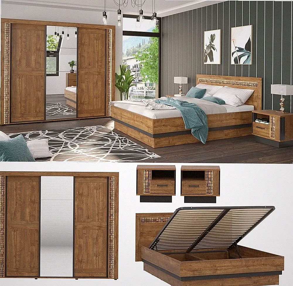 Schlafzimmer komplett Set DARELL Bett 160/180x200cm Schrank Spiegel 2x Nako