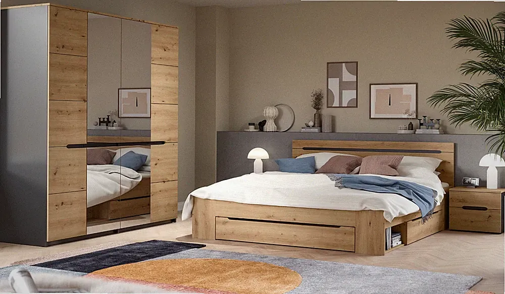 Schlafzimmer Komplett Set Doppelbett Kleiderschrank Nachttisch Eiche Soft-Close