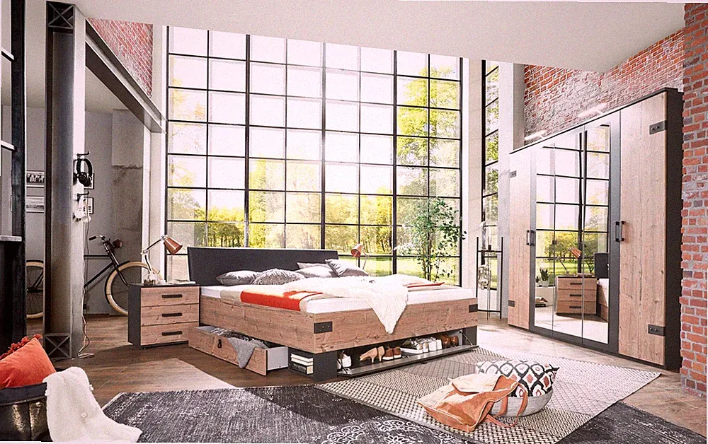 Schlafzimmer Komplett Set STOCKHOLM Bett Kleiderschrank 225cm graubraun Spiegel