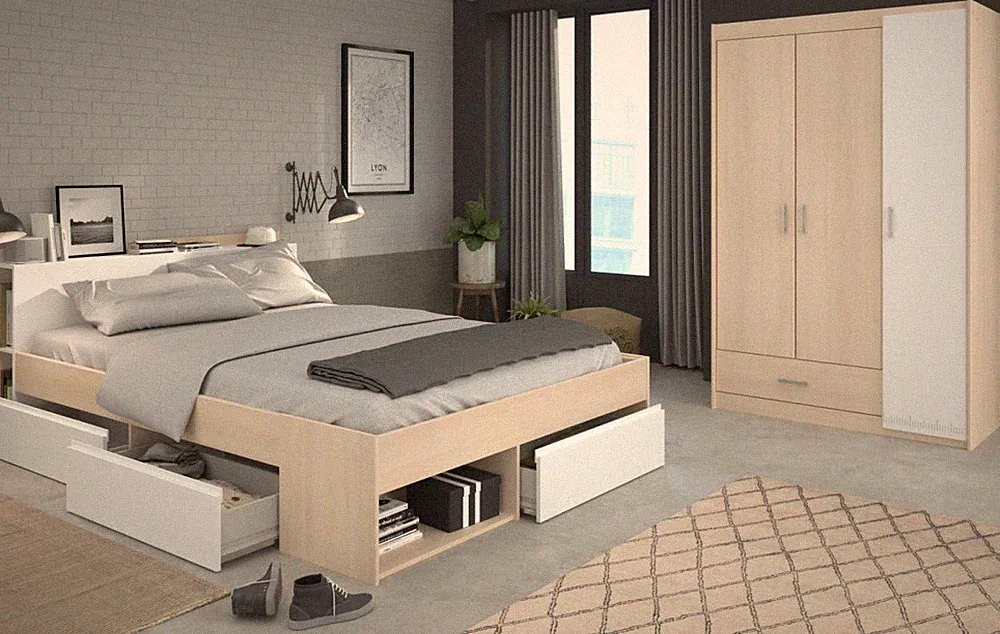Schlafzimmer komplett Set weiß und Akazie Komplettzimmer Möbel Parisot Most72