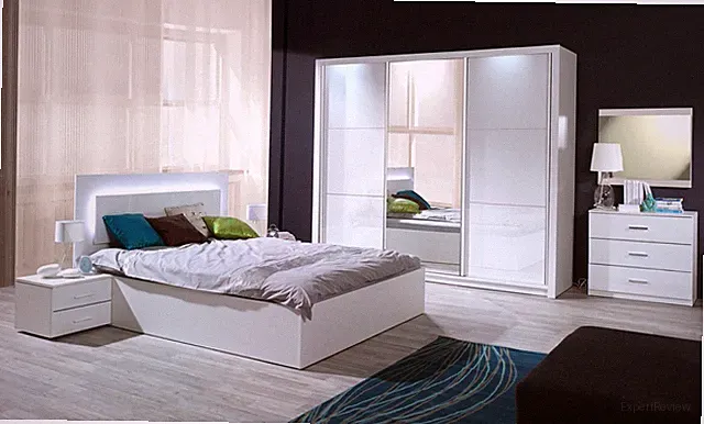 Schlafzimmer Komplett Siena Hochglanz Weiß LED Bett, Schrank, 2 x Nako, Kommode