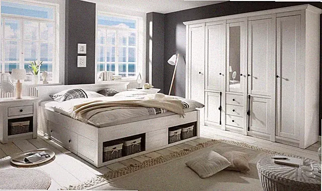 Schlafzimmer Komplettset Komplettzimmer Doppelbett weiß Pinie 4-teilig Hooge